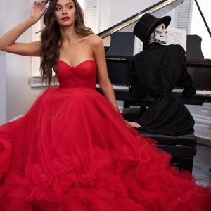 Red Strapless Tulle Gown
