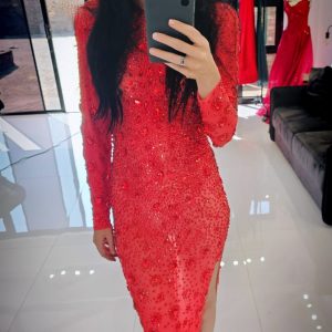 Red Rhinestone Mesh Gown